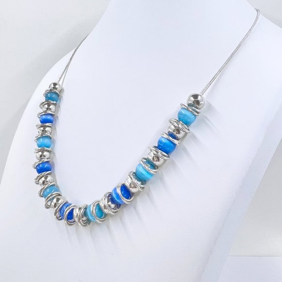 NWOT - Blue & Turquoise Cats Eye Beaded Shiny Silver Tone 16” Necklace - Picture 3 of 6
